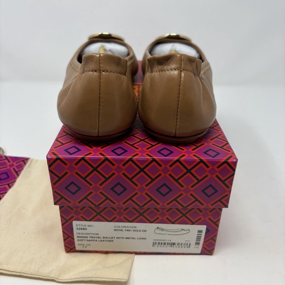 Tory Burch Minnie Travel Ballet Flat Royal Tan Gold Size 7.5 - Picture 6 of 12